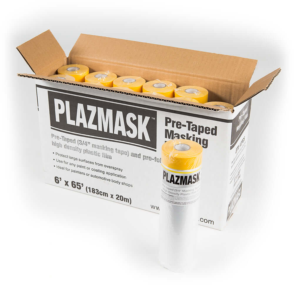 An open box of the 6' x 65' Pre-Taped masking film. One of the rolls is standing up beside the box.